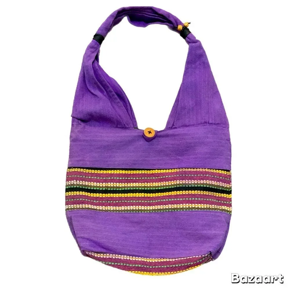 Handcrafted Purple Hobo Bag with Decorative Embroidered Stripes